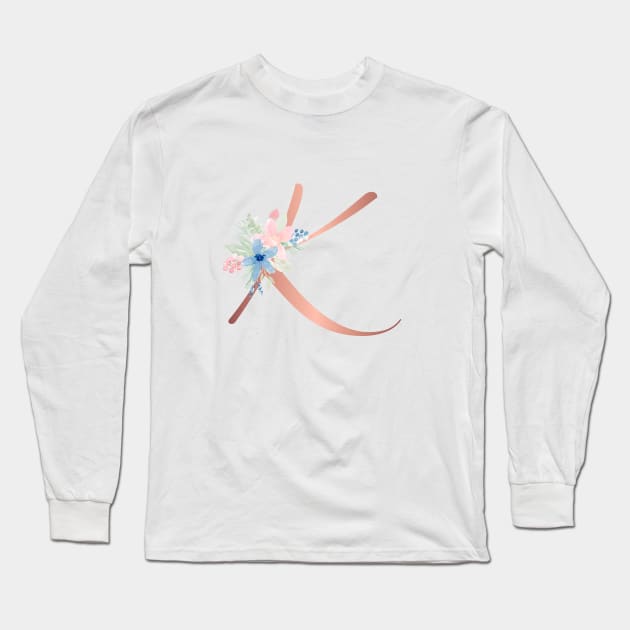 Letter K Rose Gold and Watercolor Blush Pink and Navy Long Sleeve T-Shirt by Harpleydesign